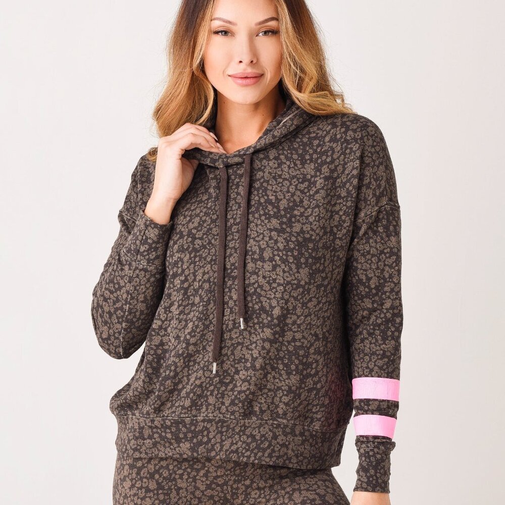 SUNDRY Neon Pink Stripes Leopard Print Hoodie - Size 2 NWT